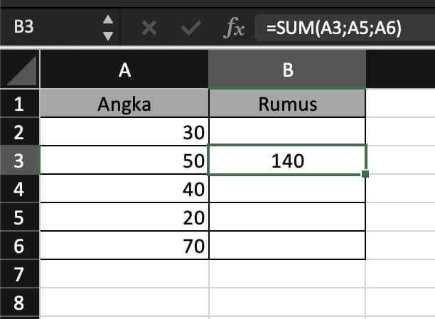 Rumus penjumlahan sel yang tidak berurutan